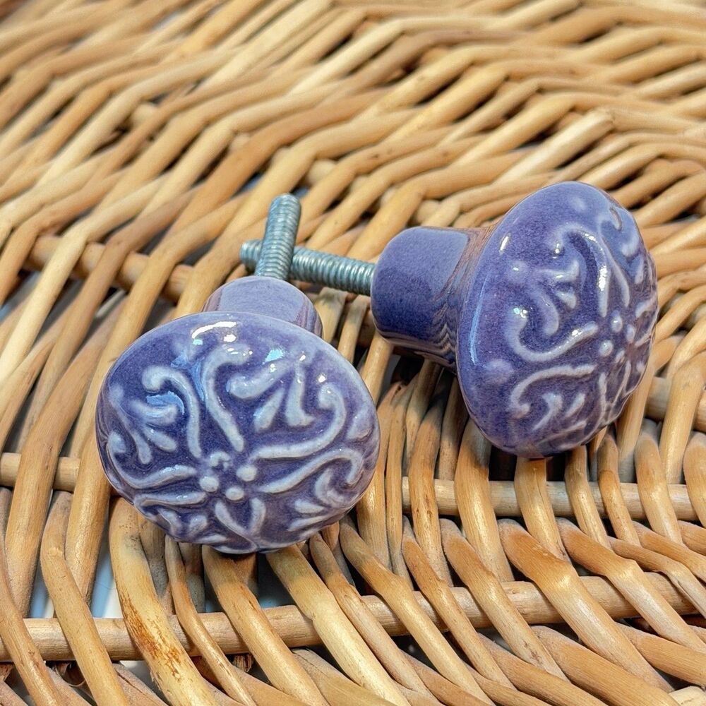 Set Of 4 PURPLE Cabinet Knobs Pulls Ceramic Glazed Scroll Lavender 1 1/4”